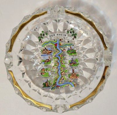 #ad German 5 1 2quot; Glass Cigar Ashtray Map Der Rhein Von Mainz Bis Koblenz Crystal $14.39