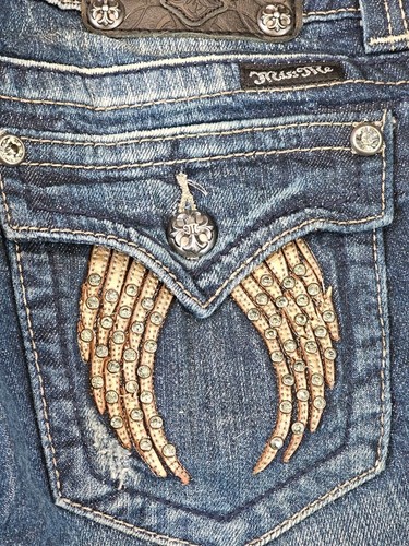 MISS ME Stretch Jeans Mid-Rise 5-POCKETS Bootcut Jeans 27x32 Angel Wings Studs - Picture 8 of 11