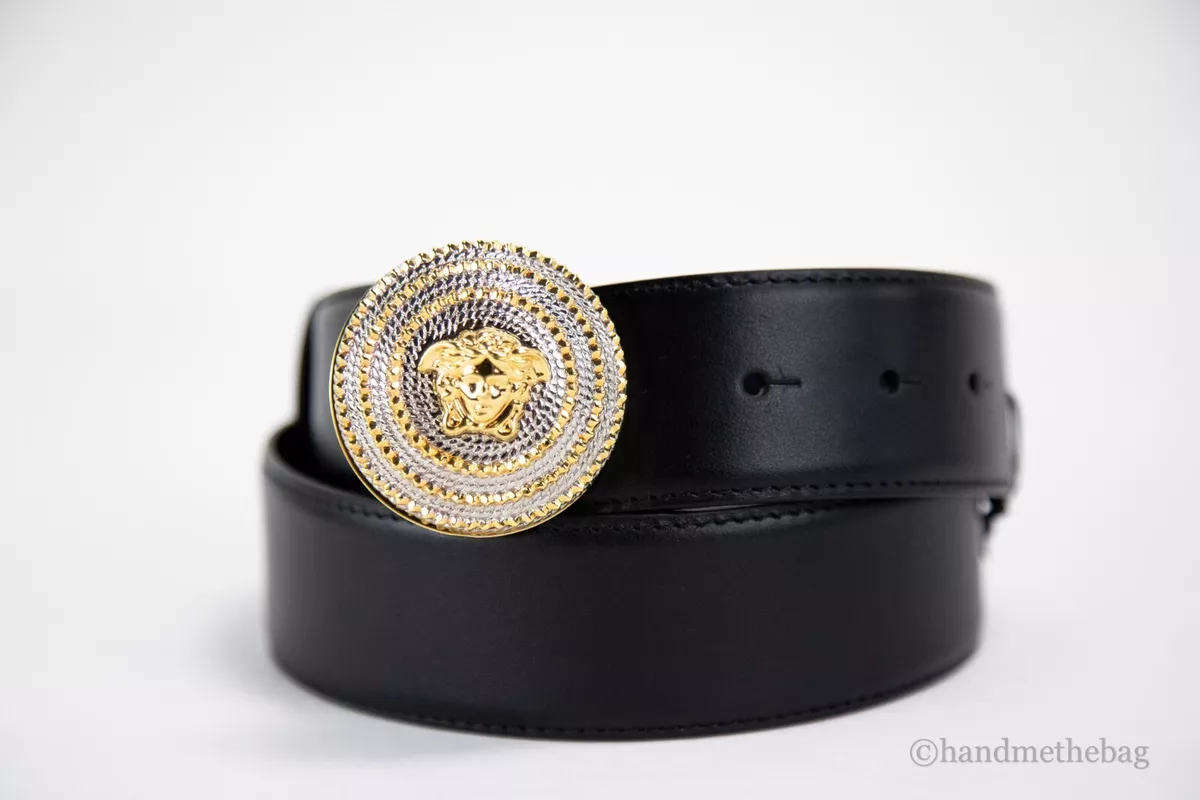 Versace Smooth Calf Leather Round Ridged Medusa Emblem Buckle Adjustable  Belt