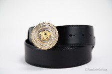 Versace Smooth Calf Leather Round Ridged Medusa Emblem Buckle Adjustable Belt
