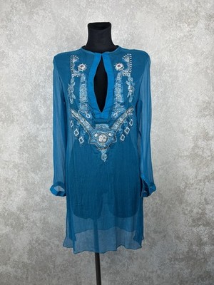 Save The Queen Italy Teal Beaded Sheer Beach Tunic Silk Dress L