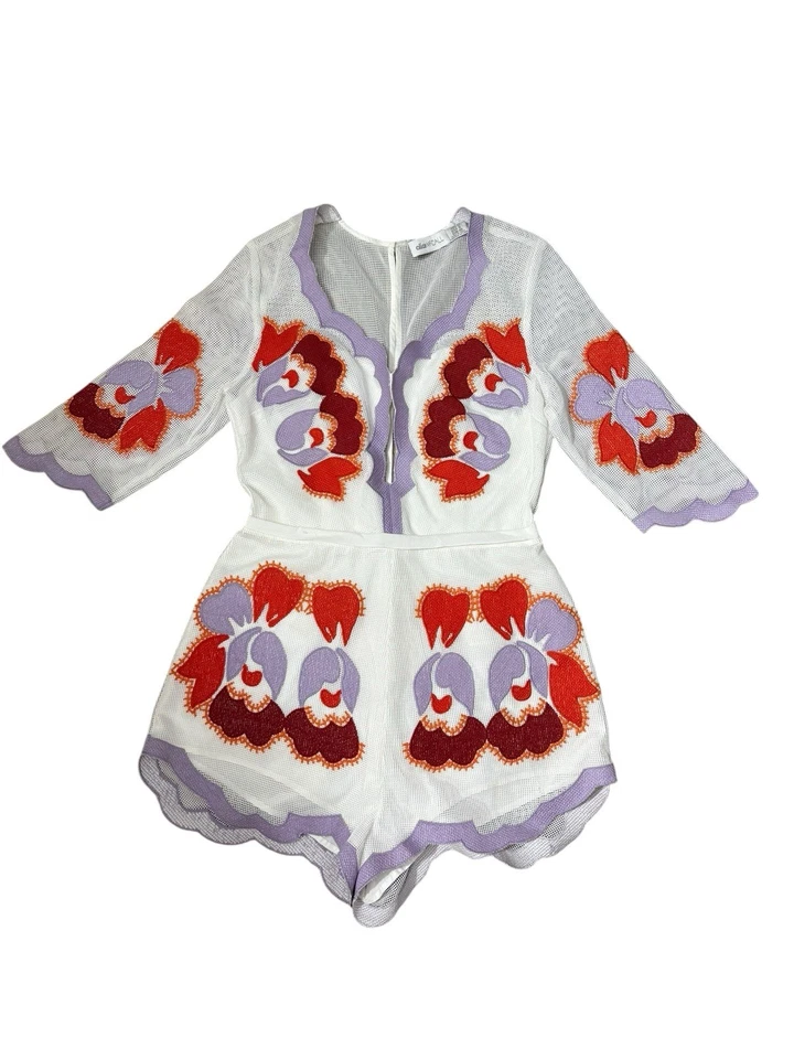 Traje de Juego Alice McCall Malla Bordada Nunca Nunca Nunca Mameluco Talla EE. UU. 8 Blanco Púrpura Foto 3 de 4