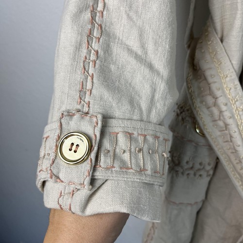 Embroidered Cape Vintage Trench Coat Large Ivory Beige Belted Detachable Lined - Picture 5 of 14