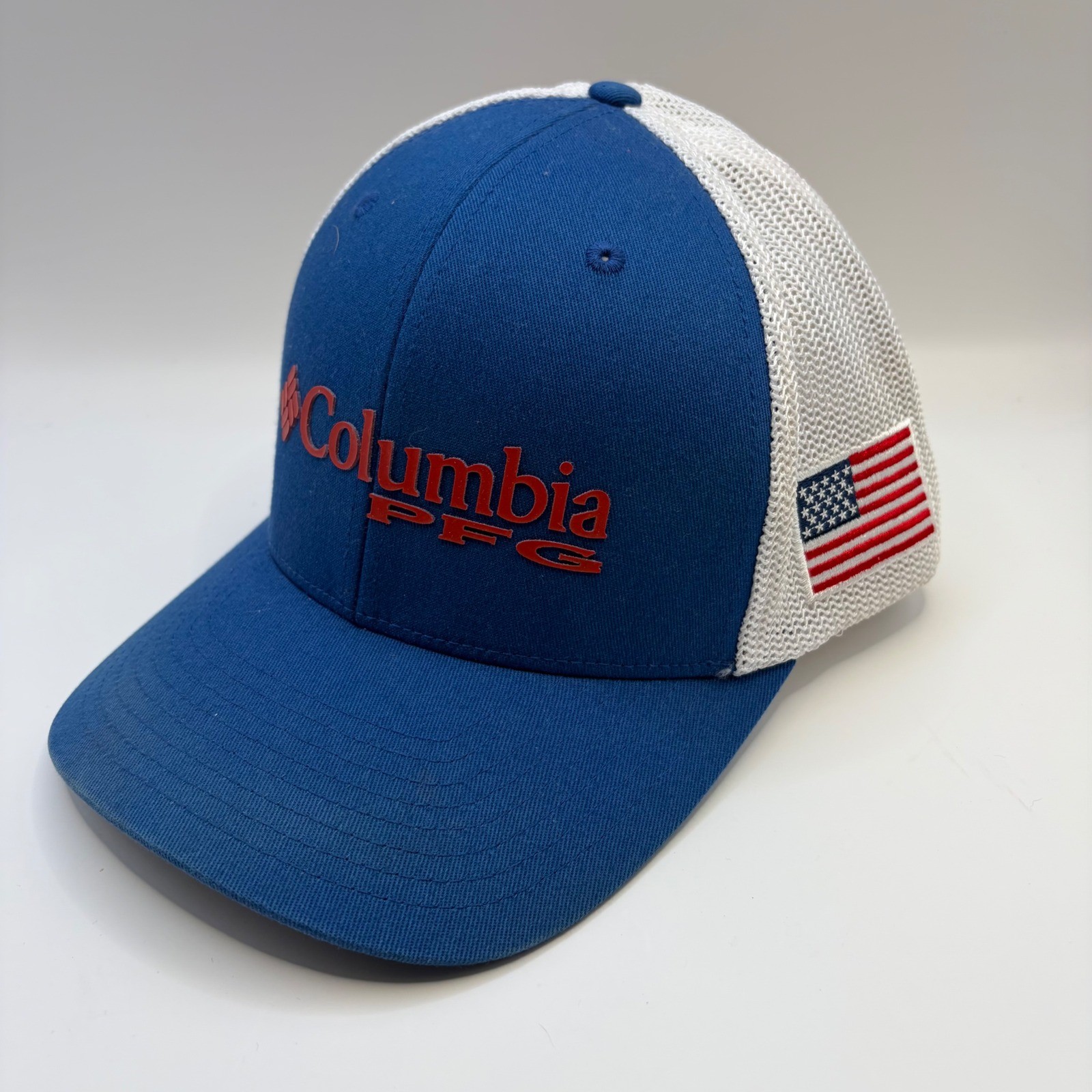 Columbia PFG Mesh Snapback Hat Blue White American Flag Fishing Cap S/M