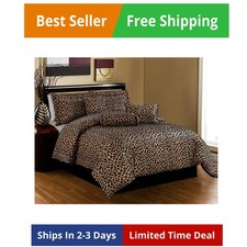 7 Piece Queen Size Bedding Black Brown Comforter Set Leopard Print Bed in A Bag