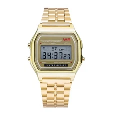 Water Proof Vintage Retro Digital Watch GOLD For Men & Women w/ Alarm Stop Watch