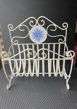 Vintage Wrought Iron Style White Metal Newspaper Magazine Rack Blue Tile Scroll