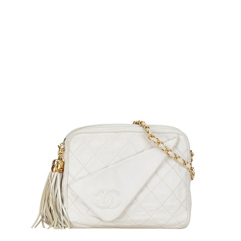 CHANEL Coco Mark Tassel Chain Shoulder Bag White Lambskin Matelassé