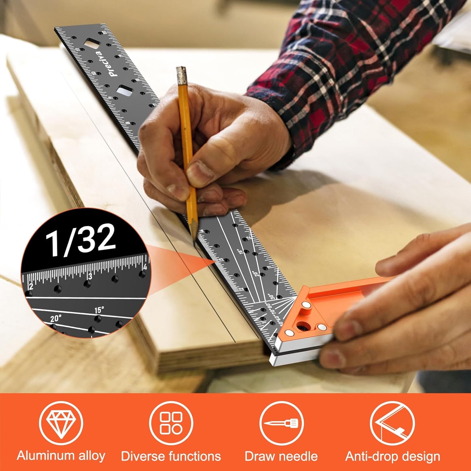 12” Woodworking Square Ruler - Preciva Right Angle Carpenter Orange 