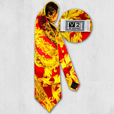 Versace V2 Krawatte Vintage Seide Rot Gold Barock Muster Silk Tie Italy 90s Top