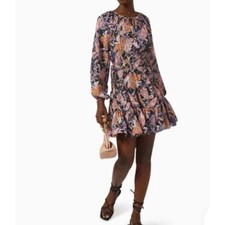 MINKPINK Paisley Mini Dress Womens M Black Pink Excellent Tiered Smocked
