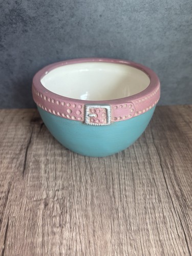 Handmade Art Pottery Belt Buckle Pattern Bowl Blue/Pink/White/Silver 4in JS ‘93