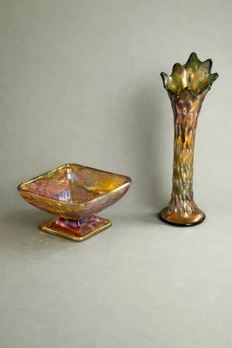 Vintage Carnival Glass Vase & Pedestal Bowl Set Amber Iridescent Art Glass Pair