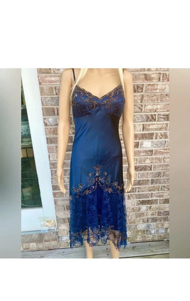 90s Navy Blue & Gold Sue Wong Mesh Beaded Lace Formal Goth Prom Dress - Image 4 of 4