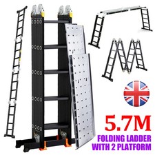 5.7M Aluminium Folding Ladder Multi-Purpose Climb Extendable With 2x Platforms