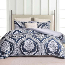 Boho Duvet Cover Set Queen Size, Navy Blue White Floral Damask Print Pattern, So