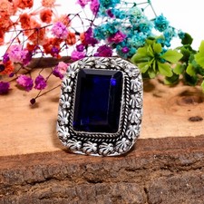 London Blue Topaz Gemstone Vintage Handmade 925 Sterling Silver Ring Size 7 m105