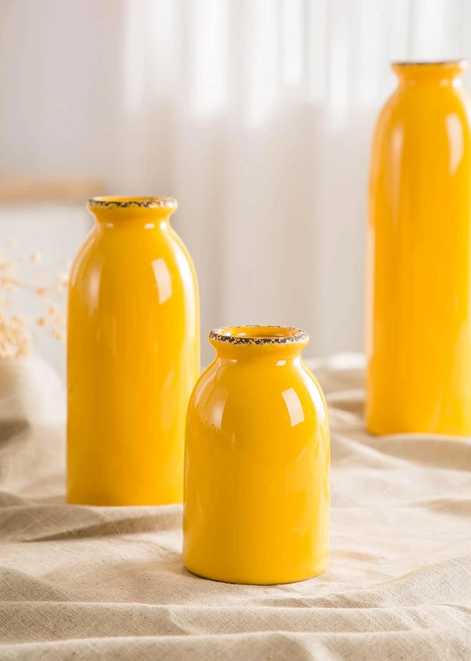 -Juego de 3 jarrones de cerámica amarilla, jarrones decorativos para el hogar, decoración moderna de granja Foto 3 de 4