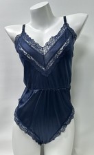 Vintage 80s Satin Lace Teddy Bodysuit Lingerie Blue Snap Sz Medium Made In USA
