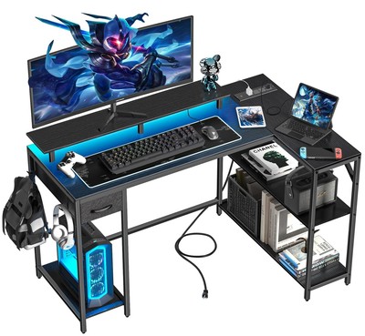 47 inch Gaming Desk with Power Outlet & LED Light, Reversible L Shaped Desk, ...