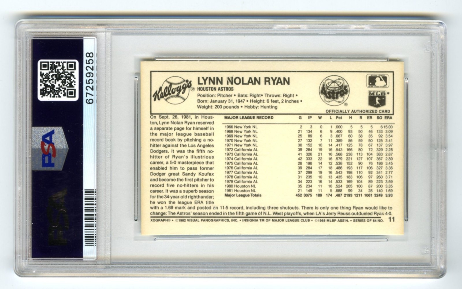 NOLAN RYAN (POP 274) 1982 KELLOGG'S 3-D SUPER STARS PSA-9 MINT CARD #11~NEW CASE view 2