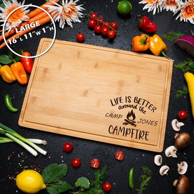 Personalized Bamboo Rectangle Cutting Board Campfire Design Kitchen Gift Idea