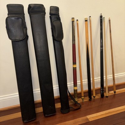 Pool Cue Set with cases - 3 pool cues 56.5-58.25 in, one Cuetec, one four piece