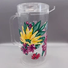 Vintage Acrylic Painted Floral Pitcher with Lid 10” colorful mid century plastic