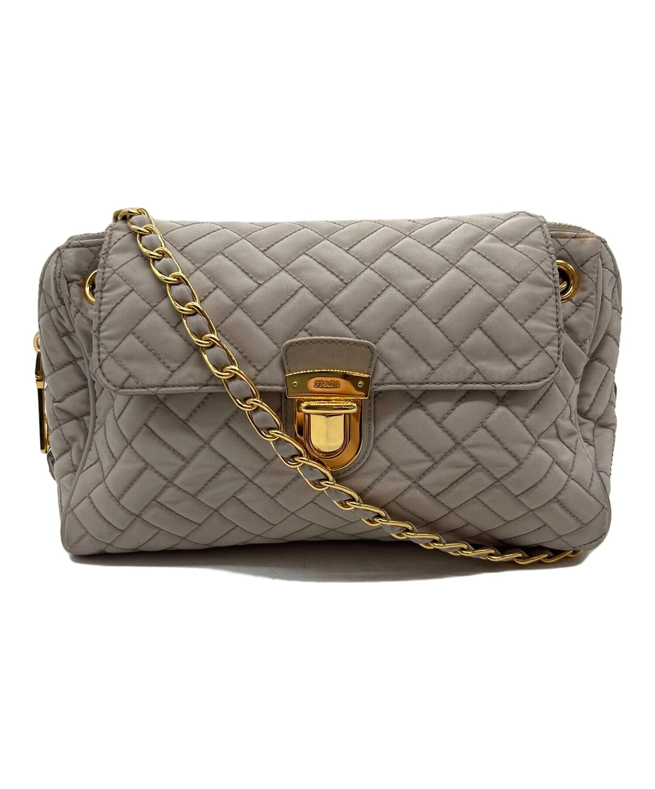 Prada — PRADA Beige Quilted Chain Shoulder Bag Leather Small Auth Used SR1330