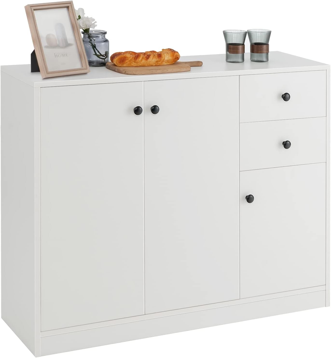 Modern White Buffet Cabinet with 2 Drawers & 3 Doors for Kitchen Storage