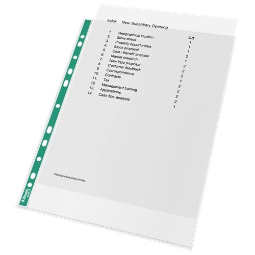 Esselte Green Spine Punched Pockets A4 Top Opening - Embossed. Pack 100 628531