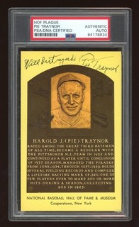 Pie Traynor Signed HOF Plaque Postcard PSA Authentic Auto Yellow SCARCE!