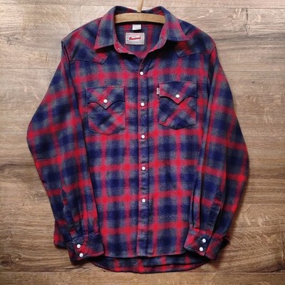 Ben Davis Ranch Western Flannel Shirt 1970s Snap Front Mens Medium Red Plaid USA