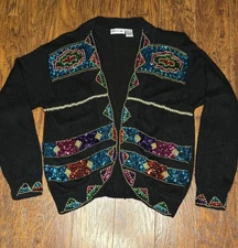 Vtg Sequin Beaded Silk Blend Cardigan Sweater Women’s L Cristina Black Holiday