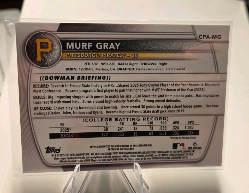 Murf Gray 🔥  2025 Bowman Chrome 1st Bowman Auto Black X-fractor /10 view 2