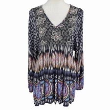 Sundance Embroidered Boho Peasant Top Blue Pink Ikat Floral Blouse Size Medium
