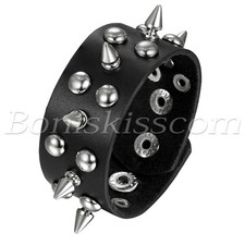 Men's Punk Wide Rivet Spike Leather Strap Bangle Bracelet Wristband Adjustable