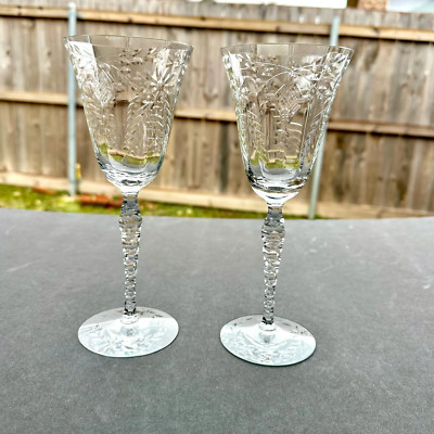 2 Elegant Cut Wine Glasses   Long Stem, 8.25  H / Vintage Cut Wine Glasses