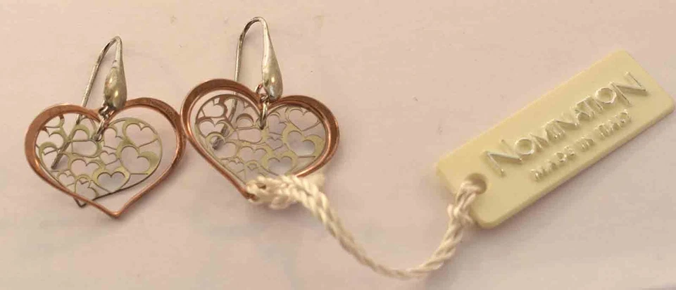 NOMINACIÓN - PENDIENTES COLGANTES CORAZÓN TONO PLATA DE LEY + ORO Foto 2 de 4