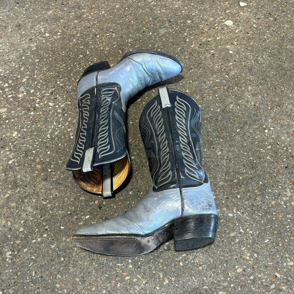 靴 vintage tony lama gray long boots Vintage Tony Lama Gray & Black Cap Toe Cowboy Boots Size 9.5