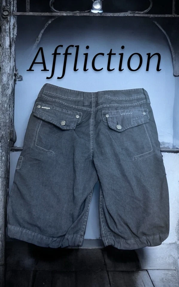 Pantalones Cortos Carga Y2K AFFLICTION Para Hombres 34 Negros Premium Bermudas Bolsillos con Cordón Foto 3 de 3