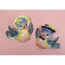 Artmark Anthropomorphic  Vintage Mr. & Mrs. Bluebird Wall Pockets Japan