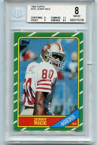 1986 TOPPS FOOTBALL #161 JERRY RICE ROOKIE CARD RC, 49ERS, HOF - BGS 8 NM-MT