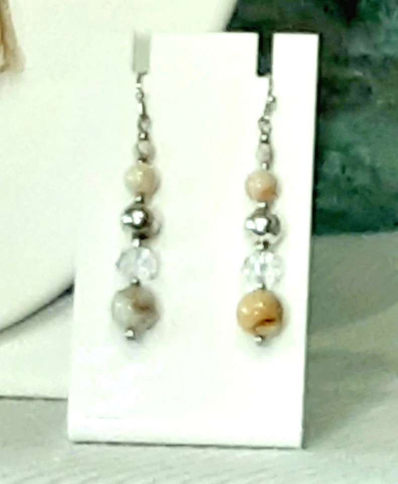 Pendientes Collar Chico's, Hueso, Cristal, Plata Suave, Cuero Borla Beige Fb3 Foto 3 de 4