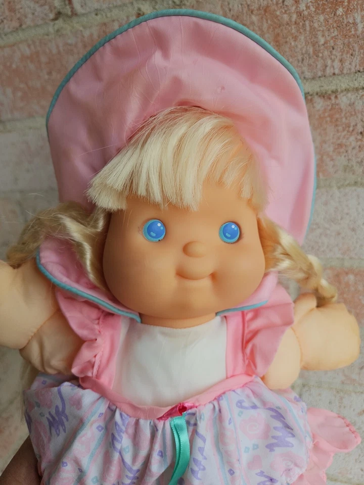 1992 Fisher Price Puffalumps Pretty Hair Doll Baby Blonde Braids Blue Eyes Pink - Image 2 of 4