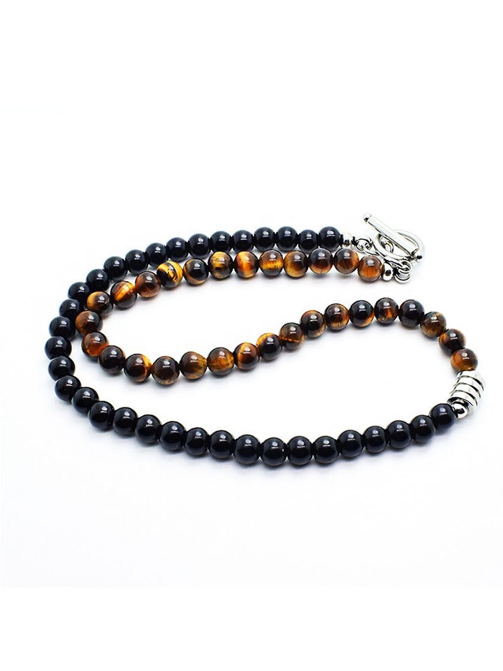 Obsidian Tigerauge Perlenkette Für Herren - Edle Halskette In Schwarz & Braun