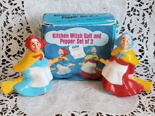Vintage Plastic Kitchen Witch Halloween Salt And Pepper Shakers JSNY Hong Kong