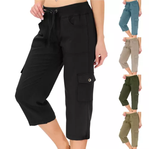 Womens Capris Pockets Loose Fit Pants Lightweight Ladies Baggy Cargo Pant Hiking - Afbeelding 2 van 42