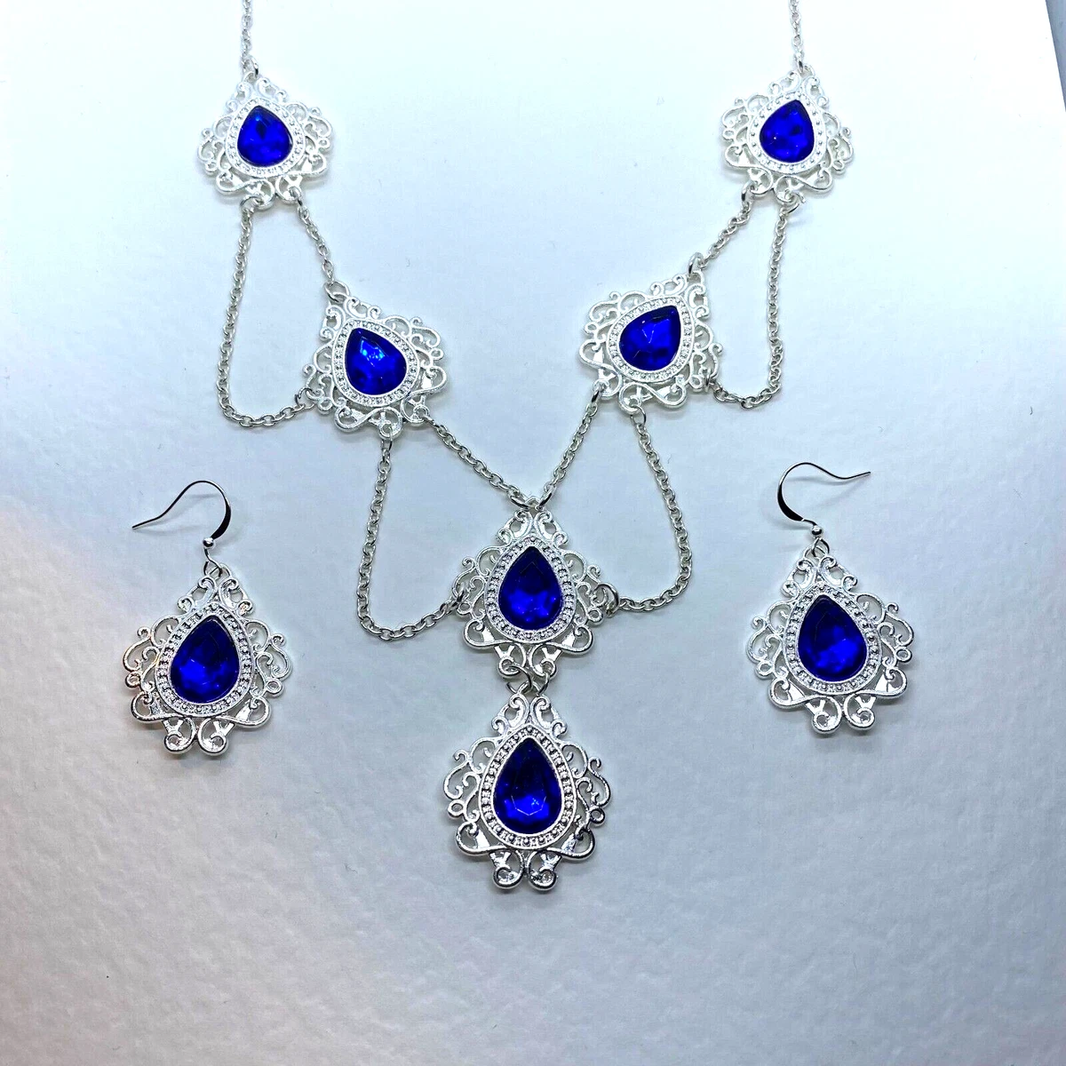VICTORIAN Style Peacock Necklace Set Deep Blue tear drops