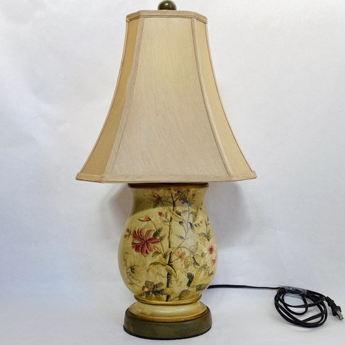 Floral Patterned Sage Vase Lamp with Silken Lamp Shade Excellent Condition